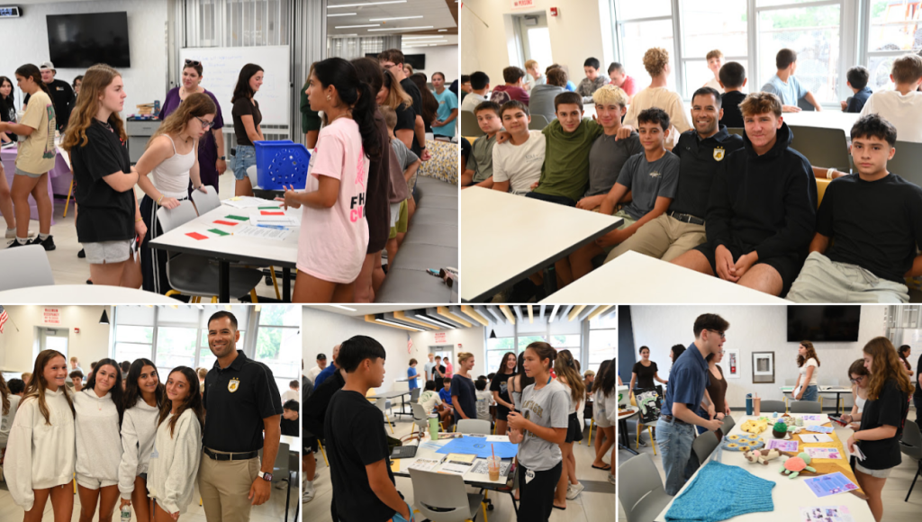 photos of students looking at cards and posing with principal